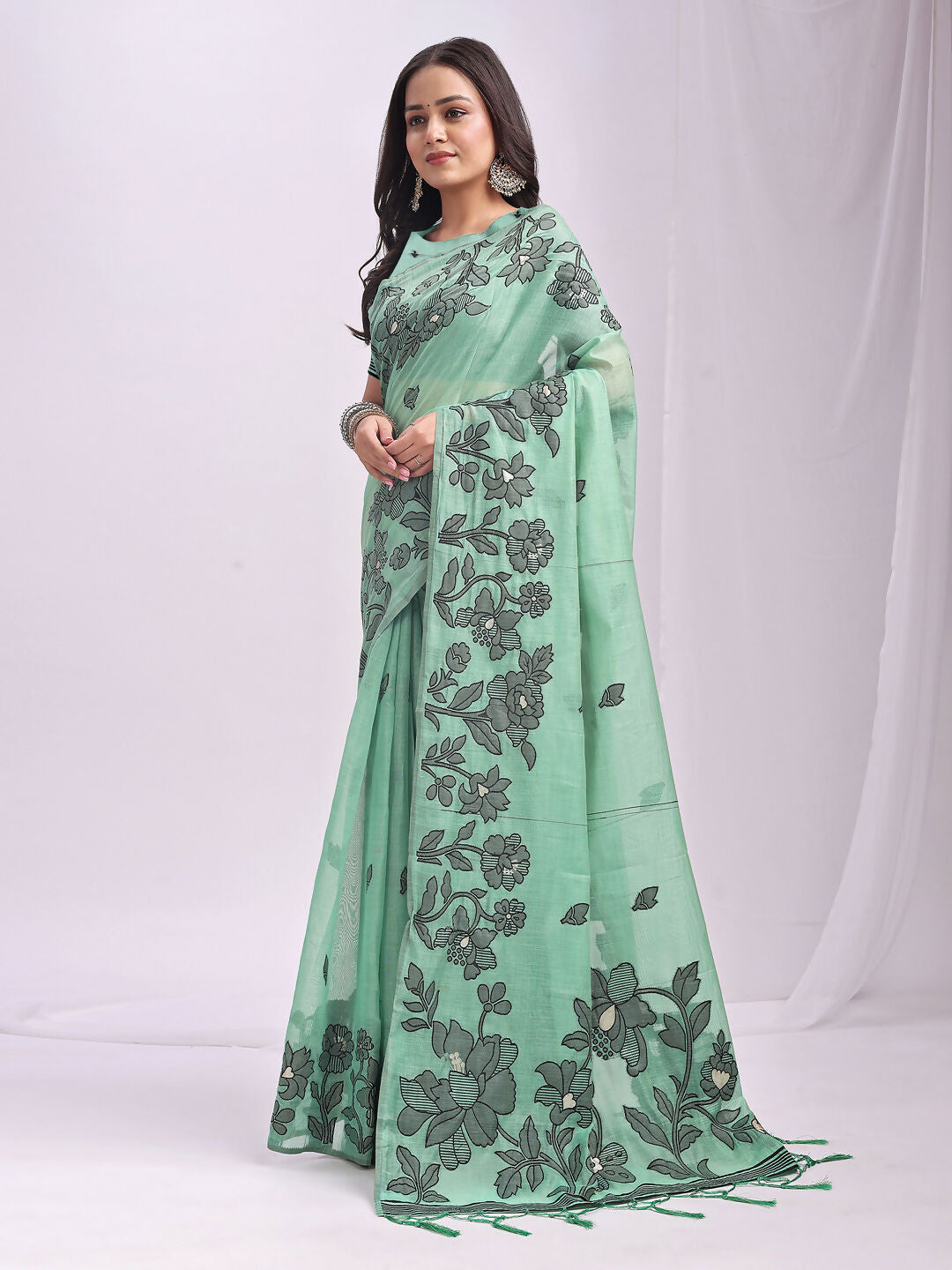 Shree Shyam Fashion Kashira Rama Green Linen Cotton Saree | Grocsy
