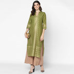 Cheera Hand Block Print Military Color Straight Kurta (MAAI-050K) | Grocsy