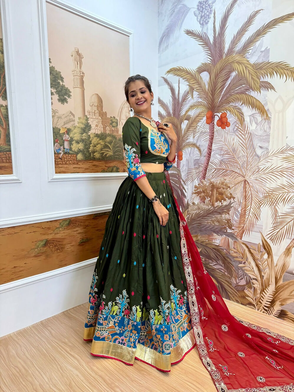 Teeya Creation Green Colour Rayon Silk Embroidery Work Fully Stitched Navratri Lehenga | Grocsy