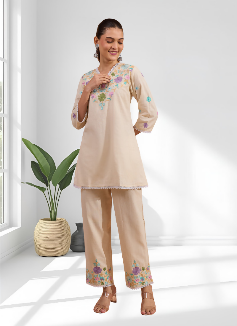 Joban Fashion Cream Linen Embroidered Readymade Cord Set | Grocsy