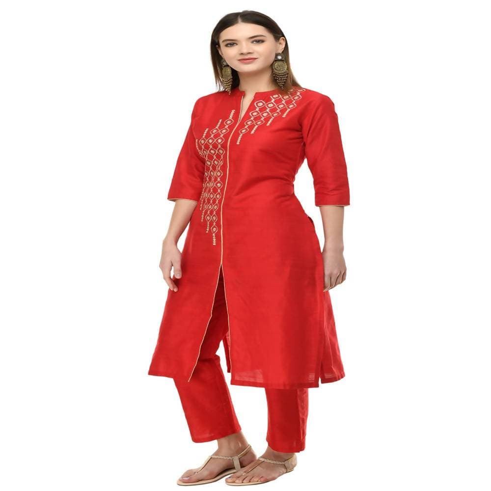 Lagi Women's Red Poly silk Straight Embroidred Kurta Pant (RO115B) | Grocsy