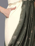 Ahalyaa Off White & Olive Green Ethnic Maxi Dress with Attached Dupatta | Grocsy