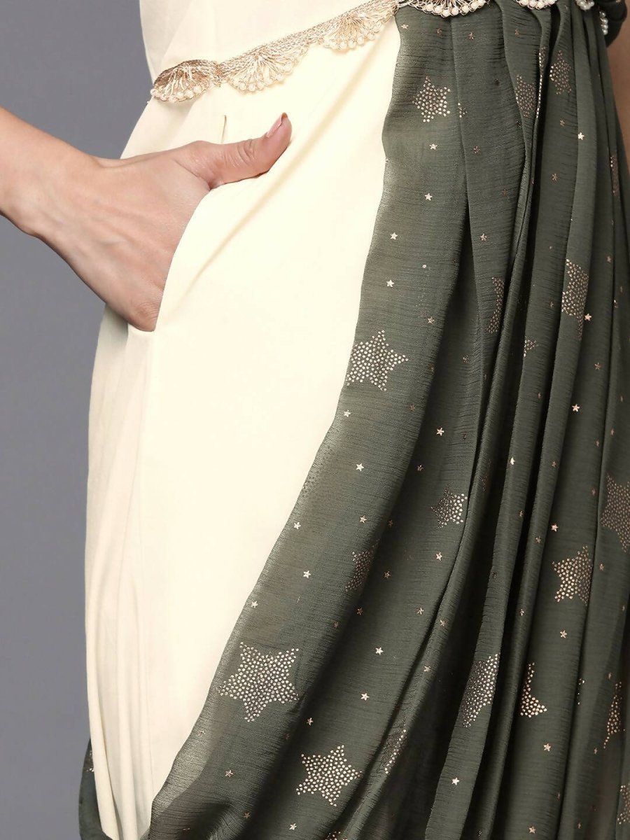Ahalyaa Off White & Olive Green Ethnic Maxi Dress with Attached Dupatta | Grocsy