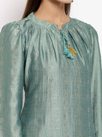 Myshka Women's Green Silk Solid Full Sleeve Round Neck Casual Kurta | Grocsy