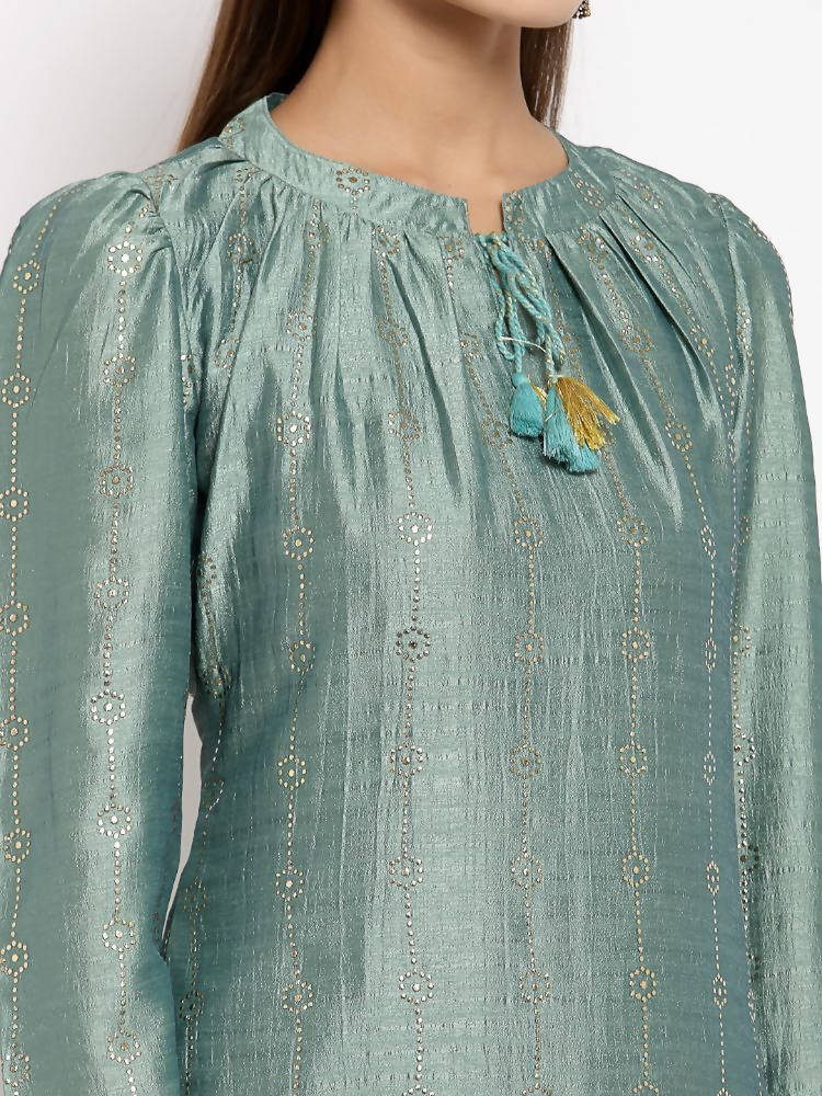 Myshka Women's Green Silk Solid Full Sleeve Round Neck Casual Kurta | Grocsy