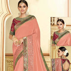 Dusty Peach Satin Silk Zari Embroidery, Laser Cut Borders, Tassels Saree - Norita Alankrita | Grocsy