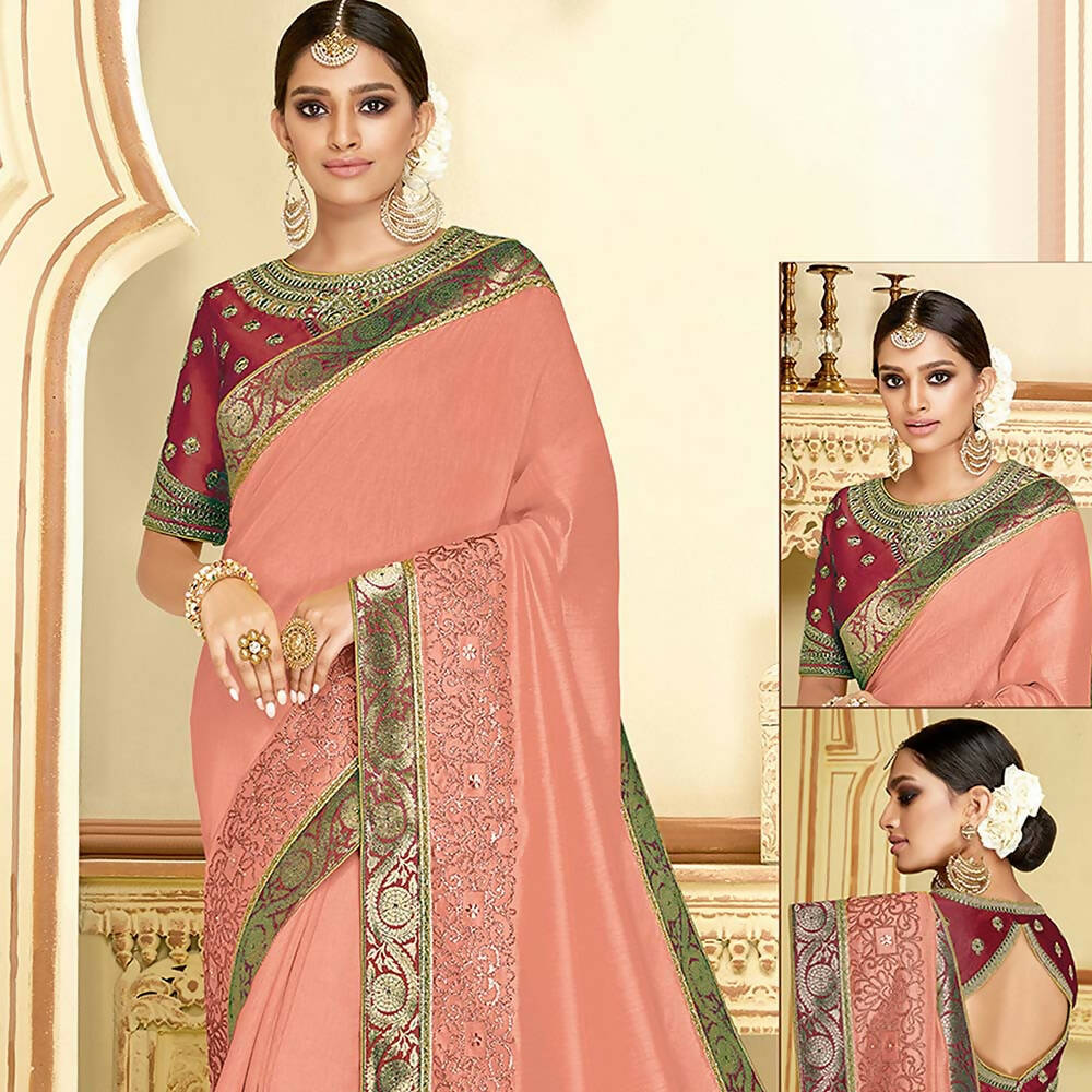 Dusty Peach Satin Silk Zari Embroidery, Laser Cut Borders, Tassels Saree - Norita Alankrita | Grocsy