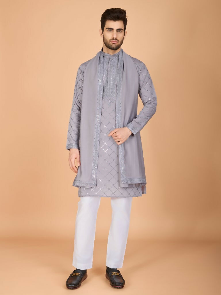 Vastranavya Grey Exclusive Festival Wear Viscose Silk Thread with Sequence Embroidered Work Kurta with Dupatta | Grocsy