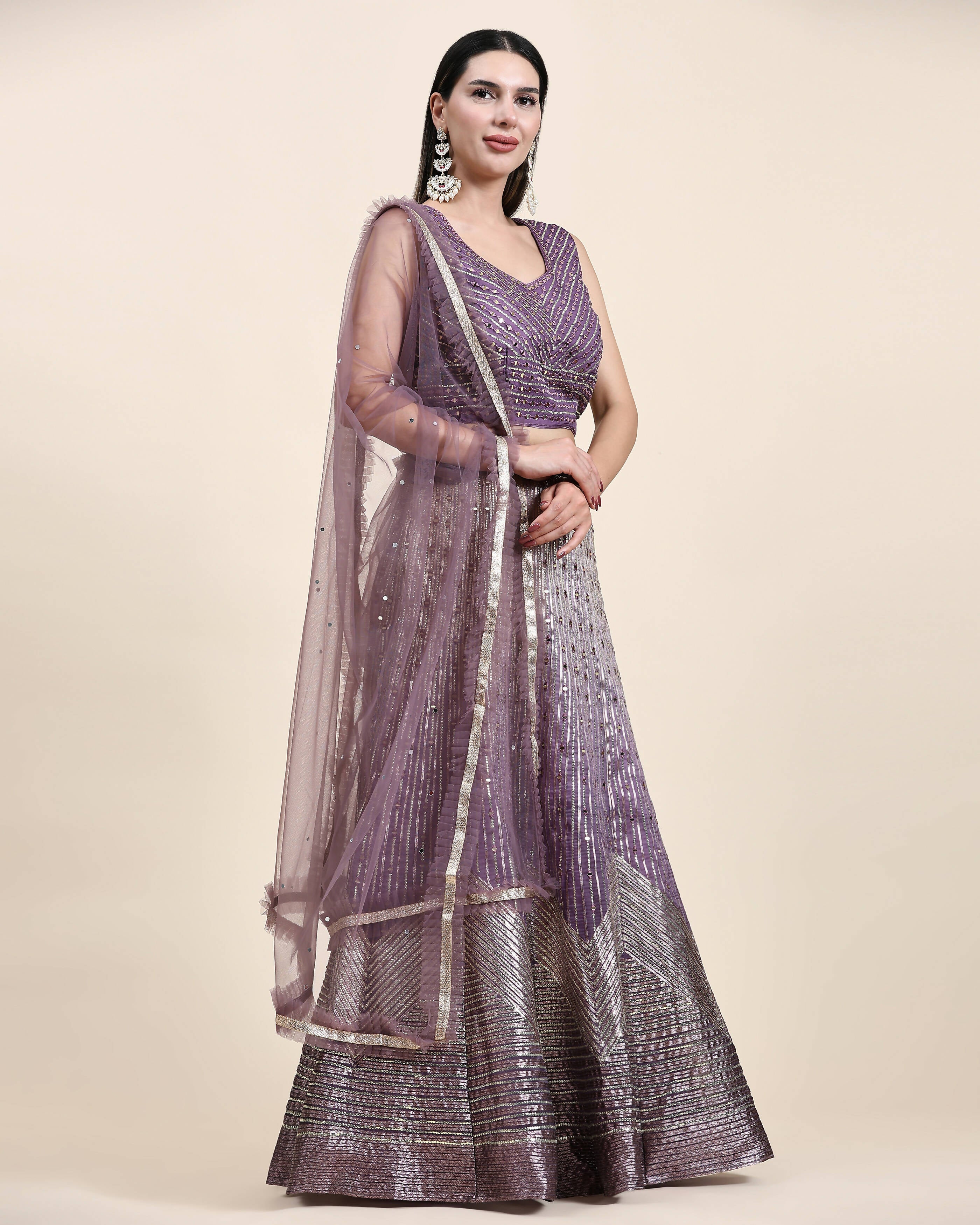 Lavender Organza Mirror With Coding Work Lehenga Choli with Dupatta - Tanya | Grocsy
