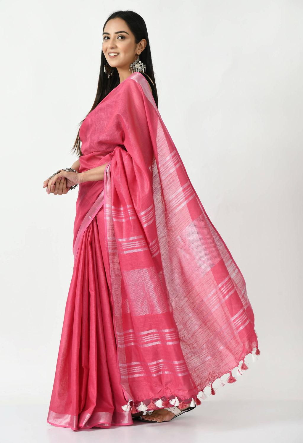 Mominos Fashion Moeza Pink Bhagalpuri Handloom Silk Linen Saree with unstitched Blouse piece | Grocsy