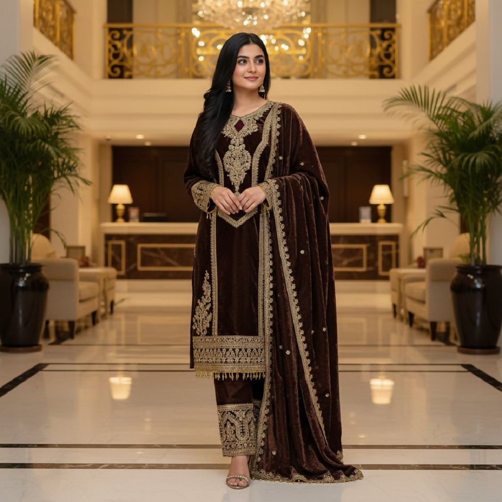 Joban Fashion Coffee Kurta Set Velvet Embroidery Sequence Work | Grocsy