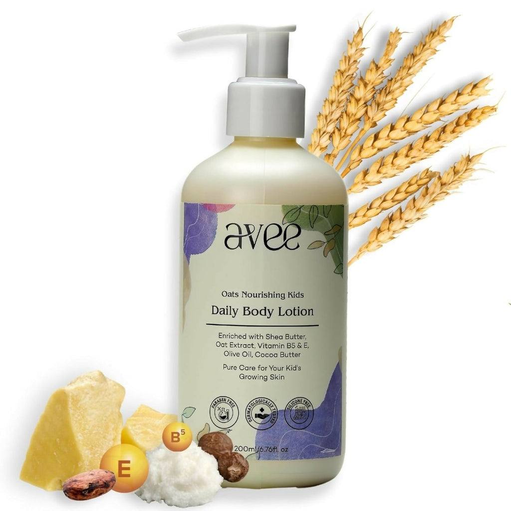 Avee Kids Daily Body Lotion for Kids 5-12 Yrs with Oats, Vitamins B5 & E, Shea & Cocoa Butter, Non-Greasy, Deep Hydration | Grocsy