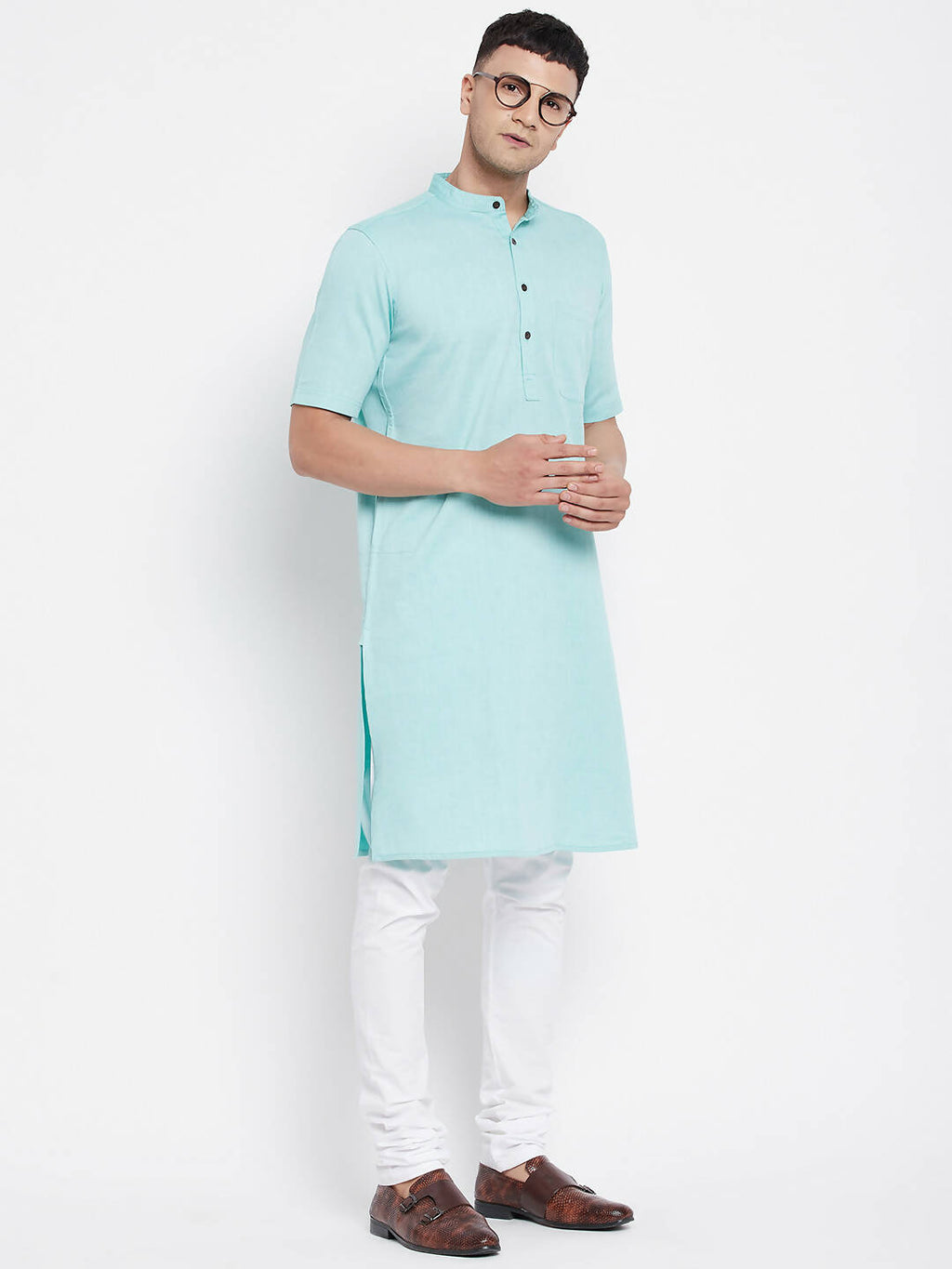 Even Apparels Green Pure Cotton Men's H/S Kurta With Band Collar | Grocsy