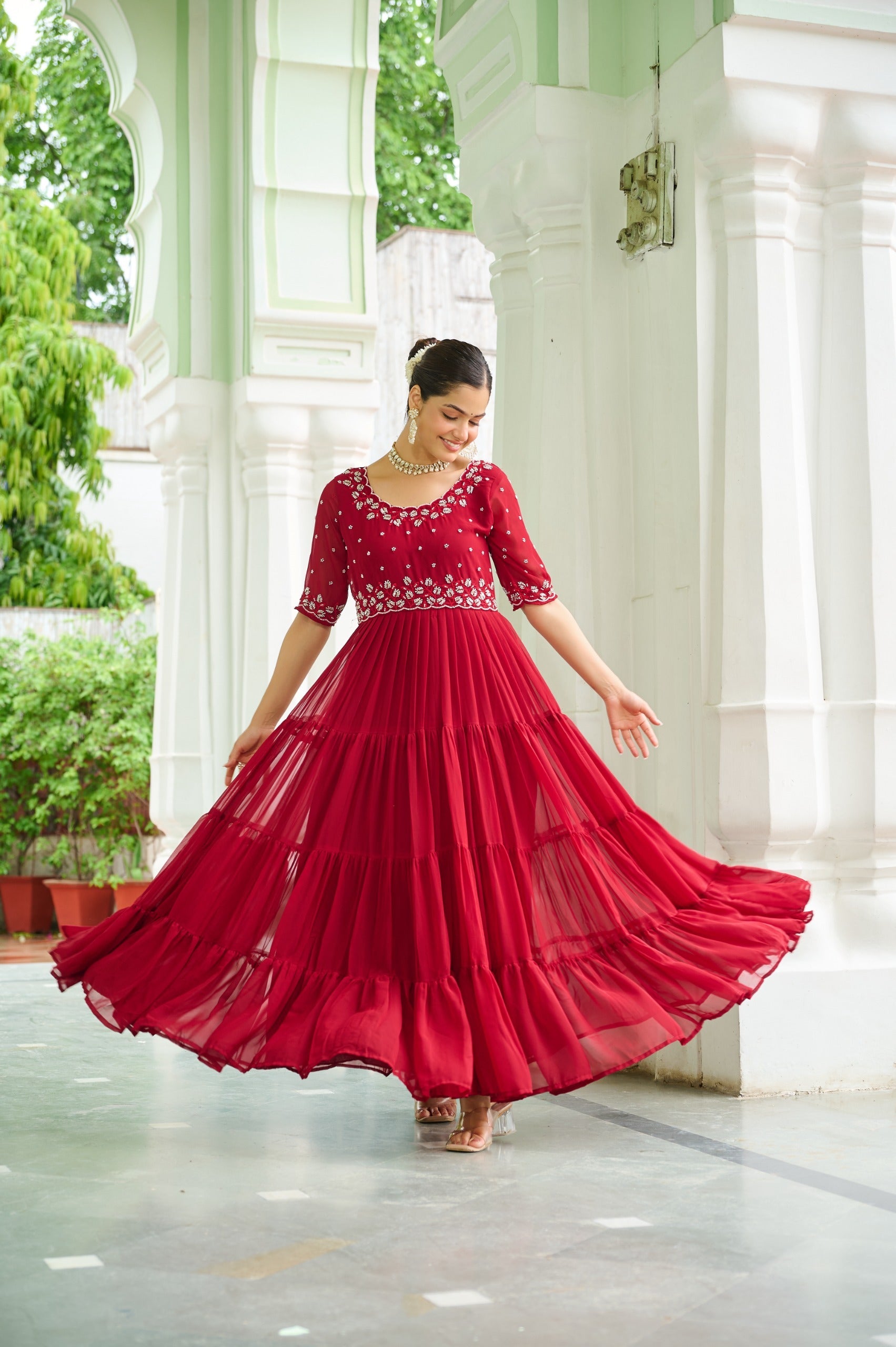 Prazu Fashion Maroon Georgette Beads Embroidery-Work Designer Gown | Grocsy
