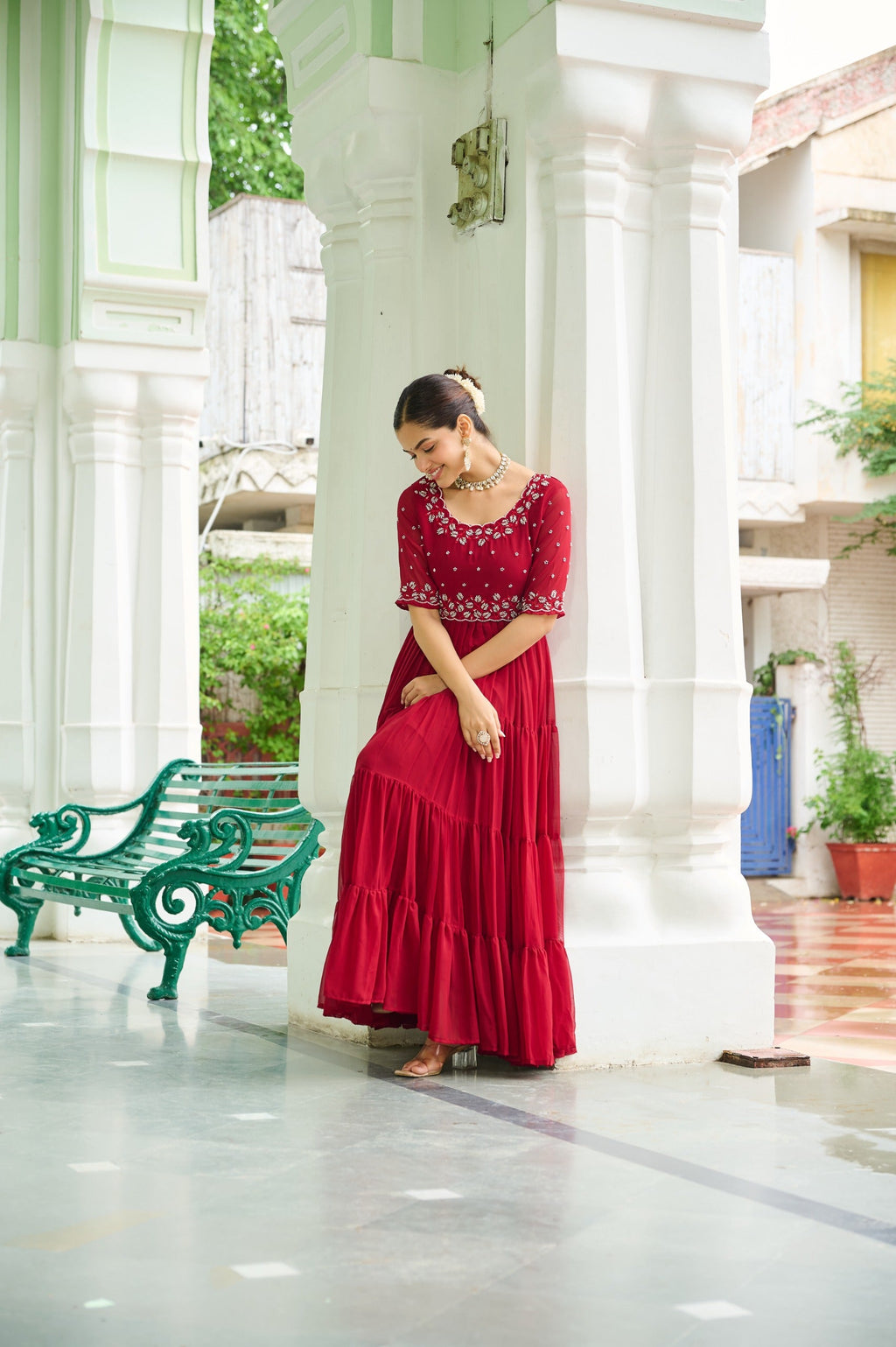 Prazu Fashion Maroon Georgette Beads Embroidery-Work Designer Gown | Grocsy
