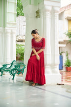Prazu Fashion Maroon Georgette Beads Embroidery-Work Designer Gown | Grocsy