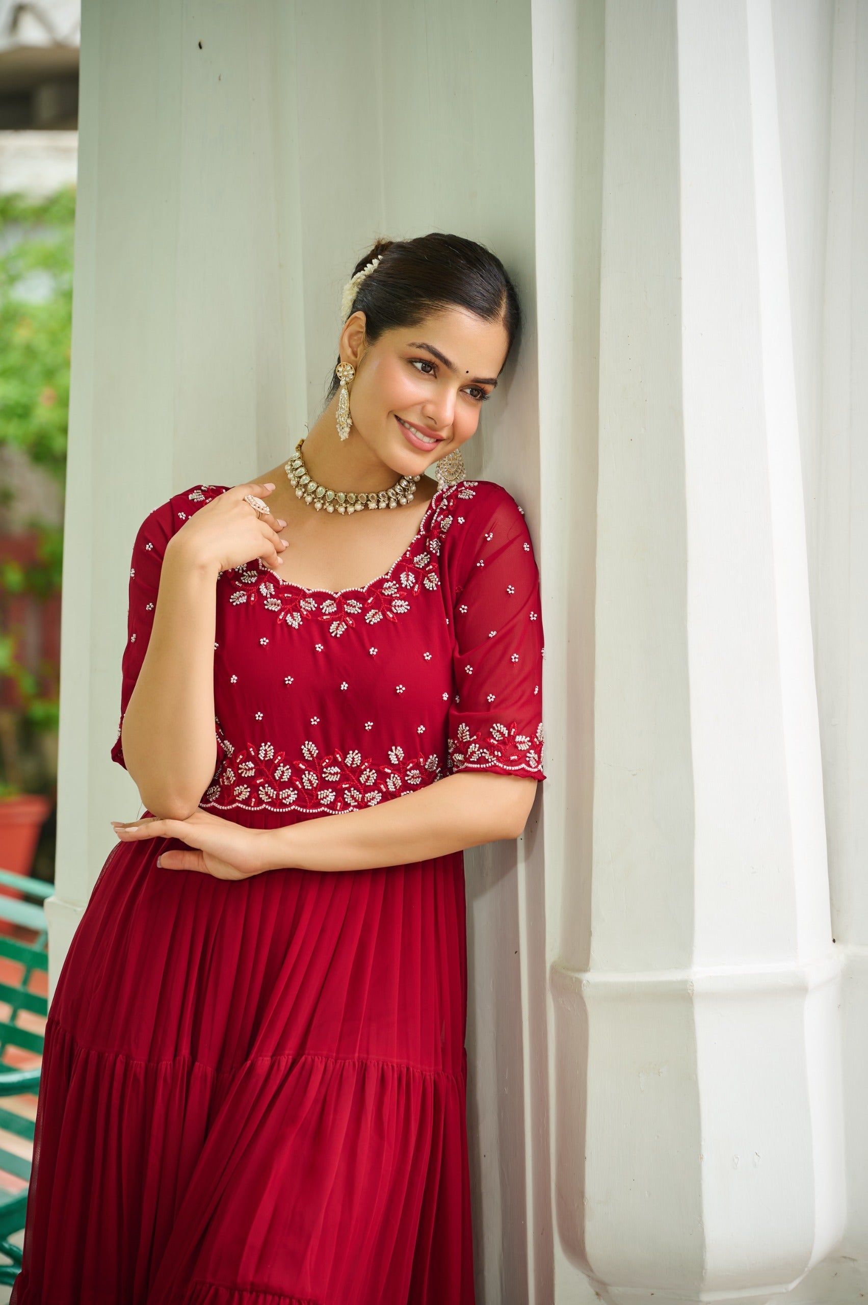 Prazu Fashion Maroon Georgette Beads Embroidery-Work Designer Gown | Grocsy