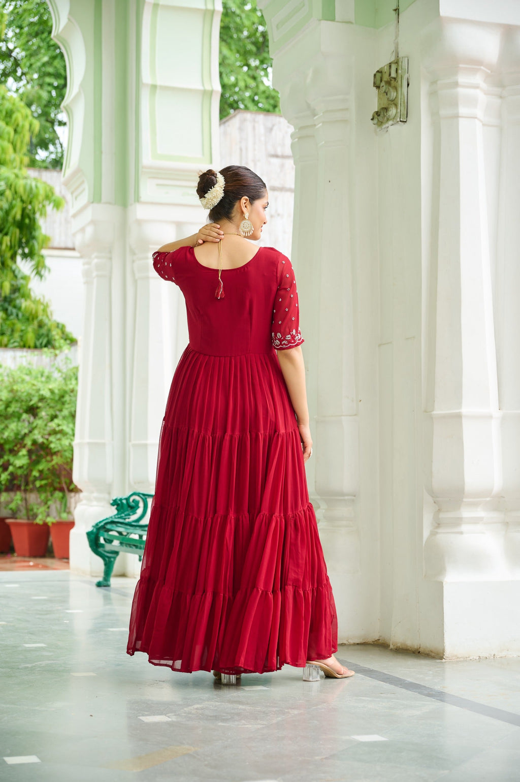 Prazu Fashion Maroon Georgette Beads Embroidery-Work Designer Gown | Grocsy