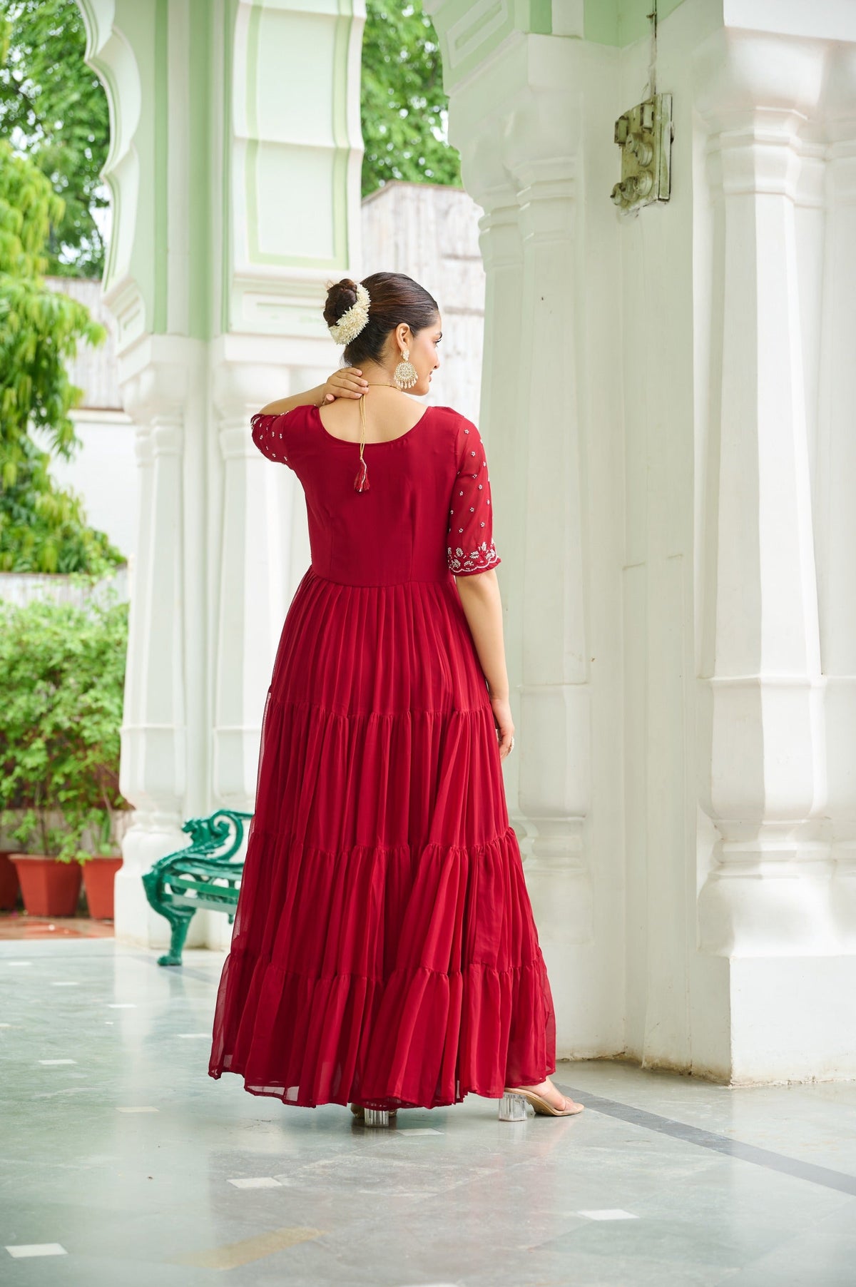 Prazu Fashion Maroon Georgette Beads Embroidery-Work Designer Gown | Grocsy