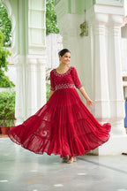 Prazu Fashion Maroon Georgette Beads Embroidery-Work Designer Gown | Grocsy