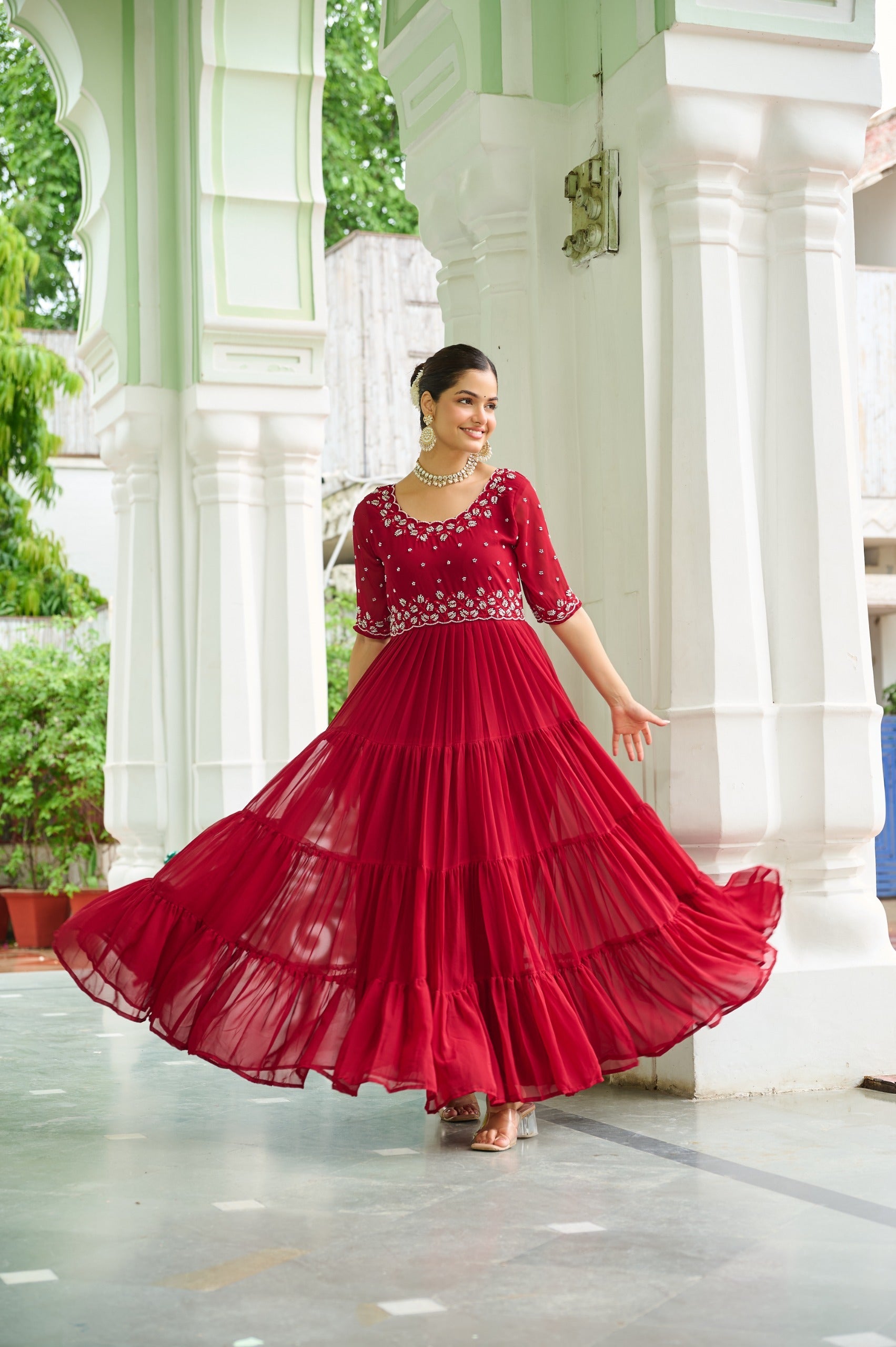 Prazu Fashion Maroon Georgette Beads Embroidery-Work Designer Gown | Grocsy