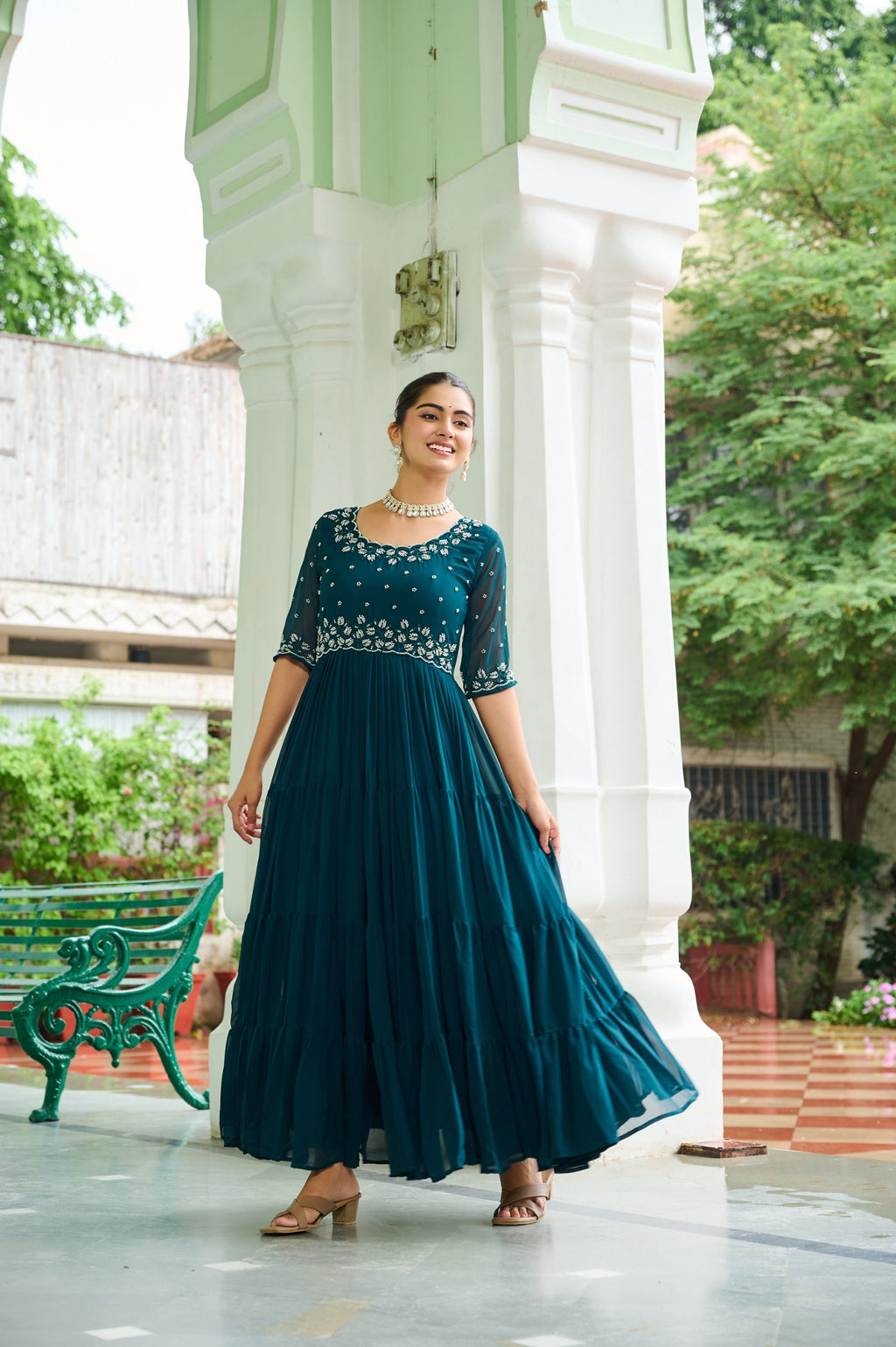 Prazu Fashion Rama Georgette Beads Embroidery-Work Designer Gown | Grocsy