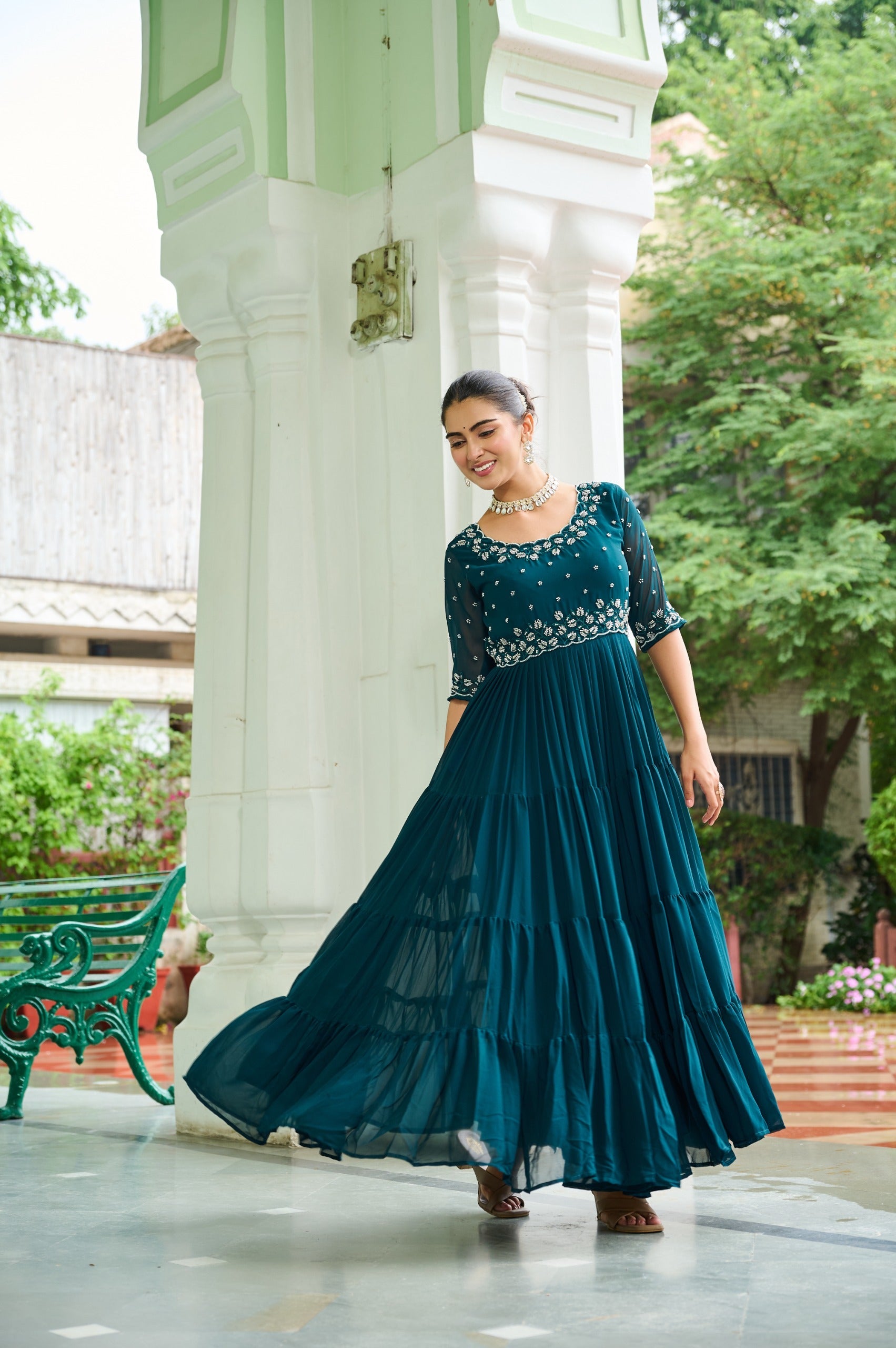 Prazu Fashion Rama Georgette Beads Embroidery-Work Designer Gown | Grocsy