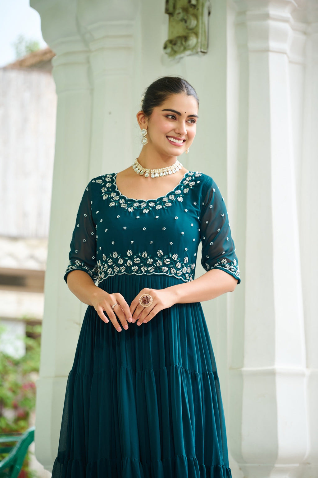Prazu Fashion Rama Georgette Beads Embroidery-Work Designer Gown | Grocsy