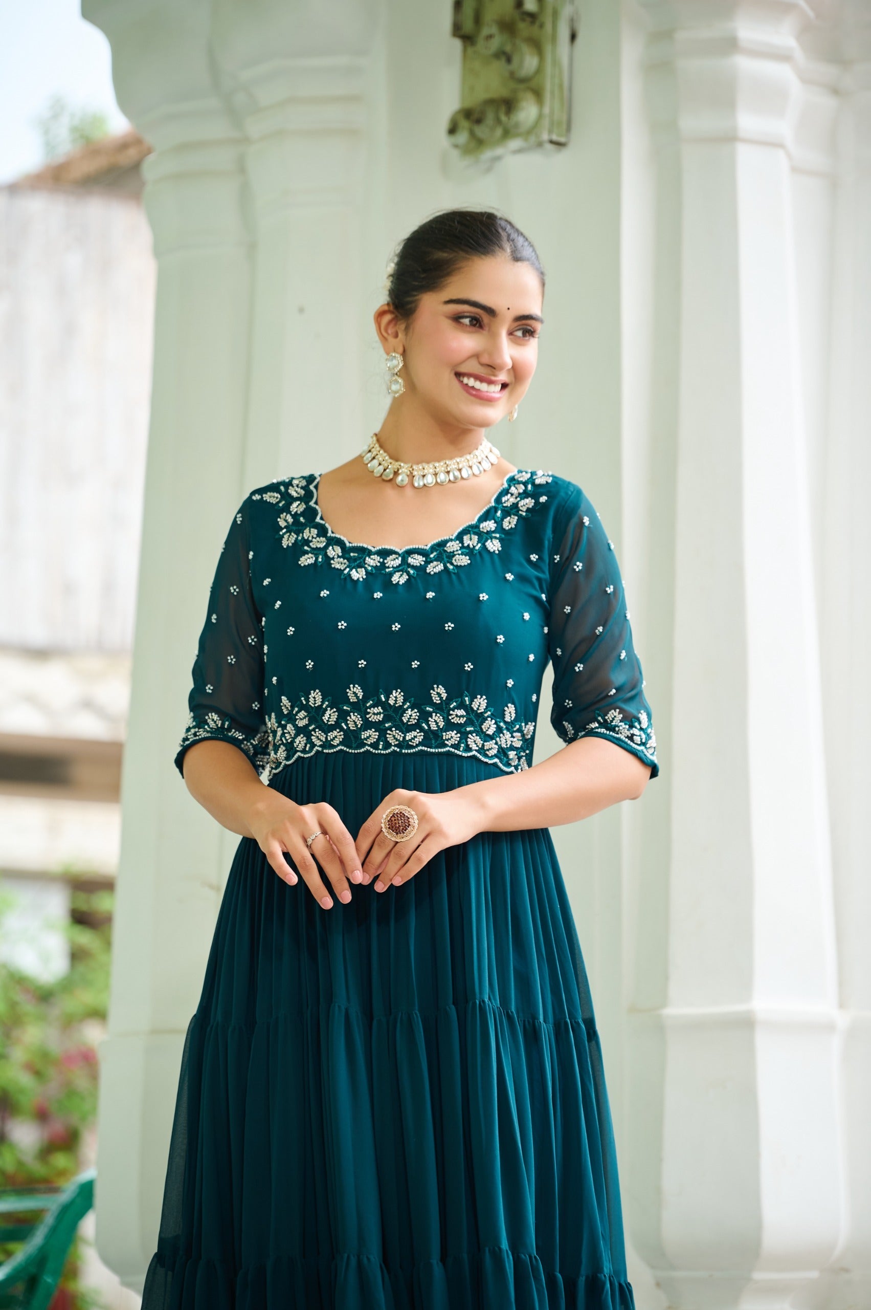 Prazu Fashion Rama Georgette Beads Embroidery-Work Designer Gown | Grocsy