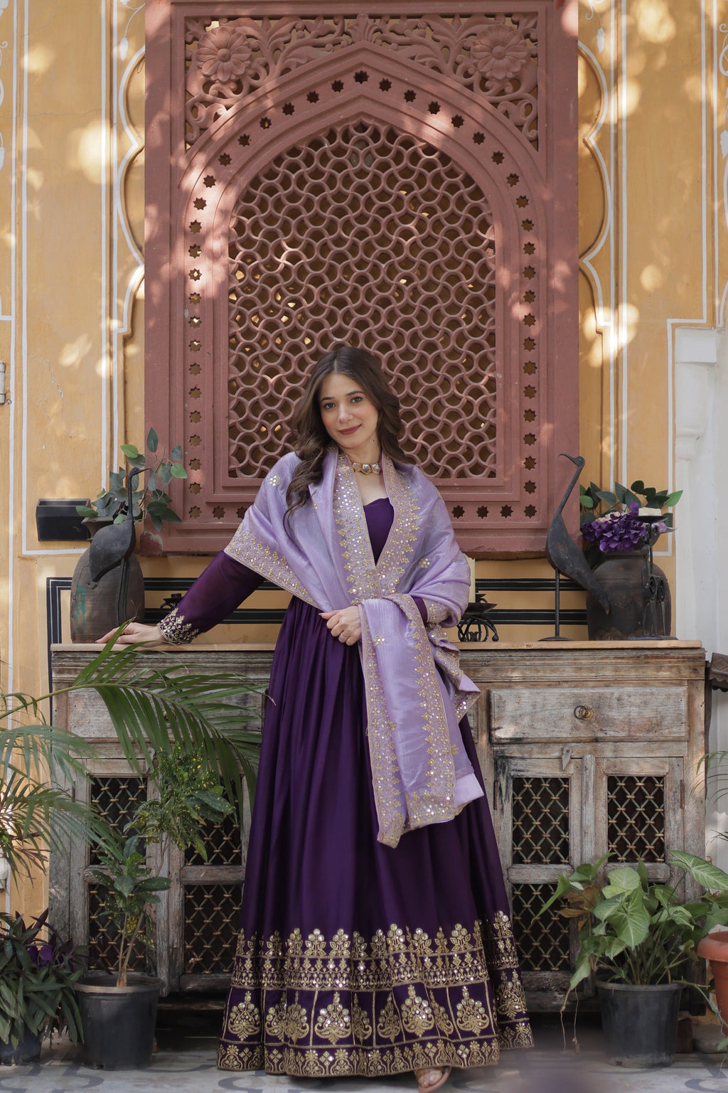 Prazu Fashion Violet Georgette Embroidery Sequins Gown With Dupatta | Grocsy