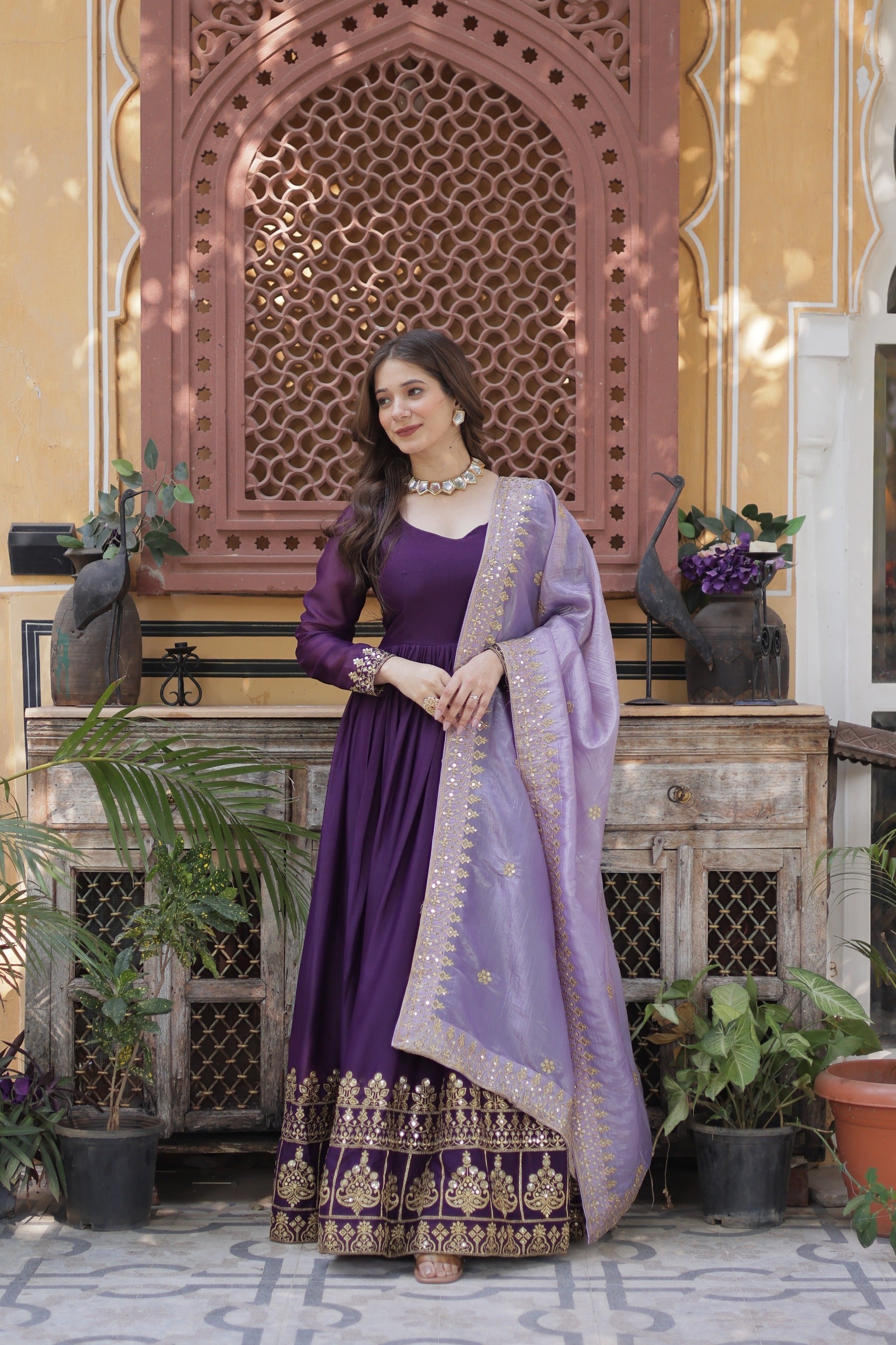 Prazu Fashion Violet Georgette Embroidery Sequins Gown With Dupatta | Grocsy