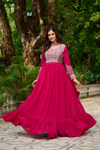 Prazu Fashion Pink Georgette With Embroidery Beads Sequins Work Gown | Grocsy