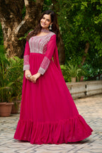 Prazu Fashion Pink Georgette With Embroidery Beads Sequins Work Gown | Grocsy