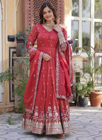 Prazu Fashion Red Viscose Embroidered Gown With Dupatta | Grocsy