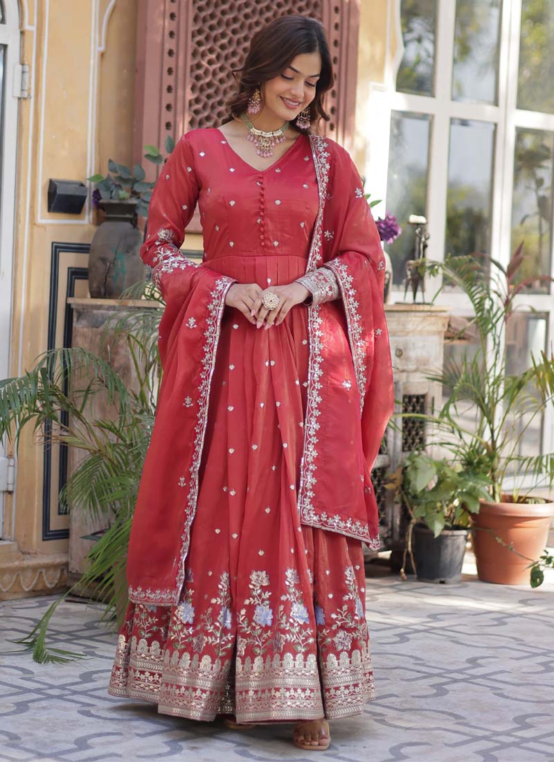 Prazu Fashion Red Viscose Embroidered Gown With Dupatta | Grocsy