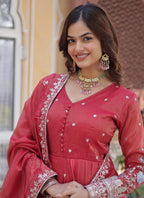 Prazu Fashion Red Viscose Embroidered Gown With Dupatta | Grocsy