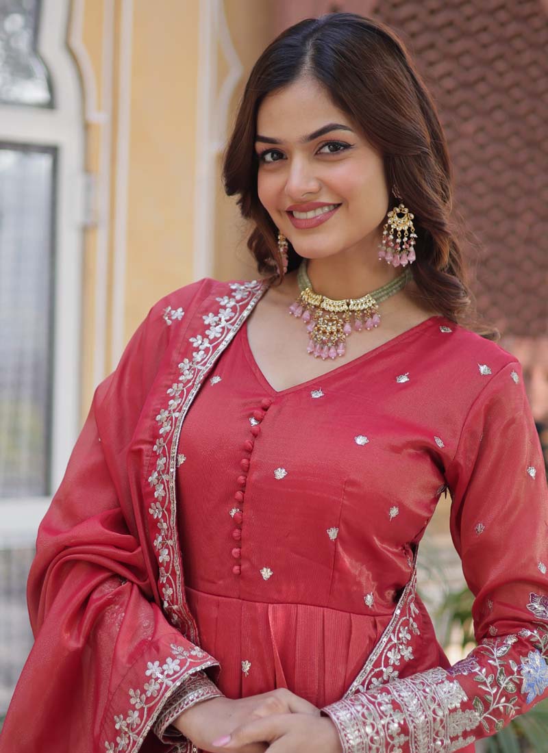 Prazu Fashion Red Viscose Embroidered Gown With Dupatta | Grocsy