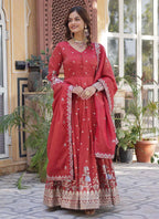 Prazu Fashion Red Viscose Embroidered Gown With Dupatta | Grocsy