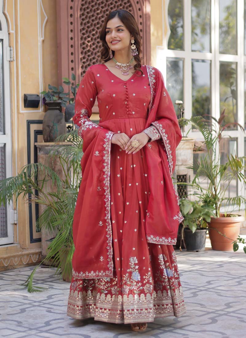 Prazu Fashion Red Viscose Embroidered Gown With Dupatta | Grocsy