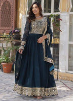 Prazu Fashion Aqua Blue Georgette Embroidered Sequence Gown With Dupatta | Grocsy