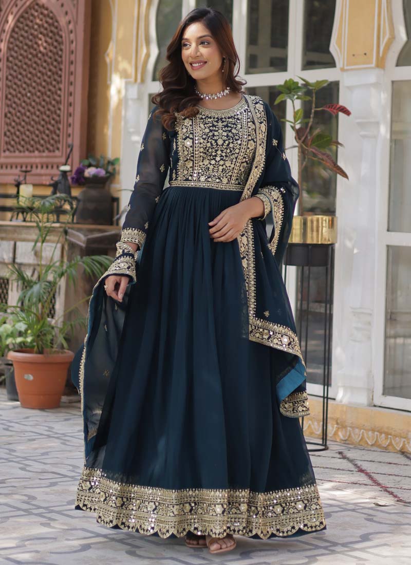 Prazu Fashion Aqua Blue Georgette Embroidered Sequence Gown With Dupatta | Grocsy