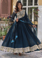 Prazu Fashion Aqua Blue Georgette Embroidered Sequence Gown With Dupatta | Grocsy