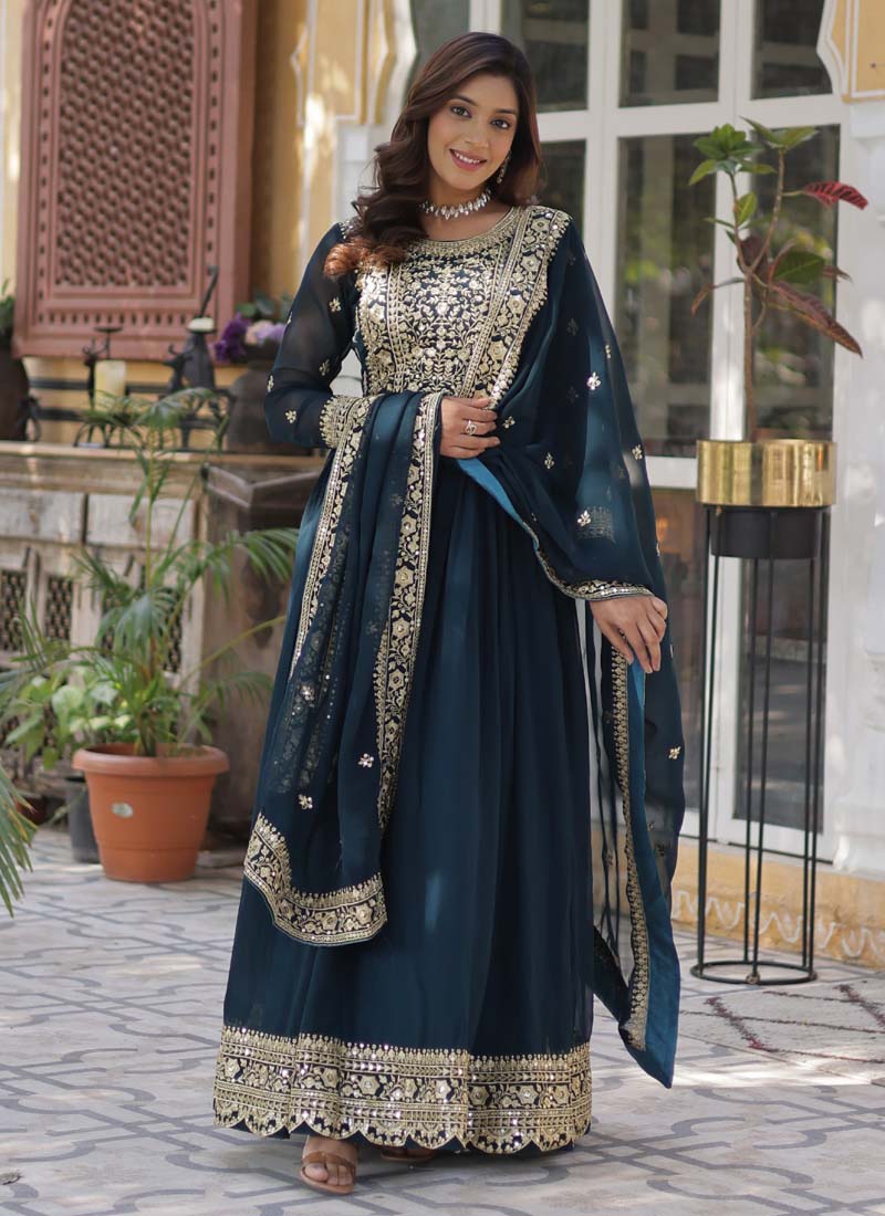 Prazu Fashion Aqua Blue Georgette Embroidered Sequence Gown With Dupatta | Grocsy
