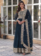Prazu Fashion Aqua Blue Georgette Embroidered Sequence Gown With Dupatta | Grocsy