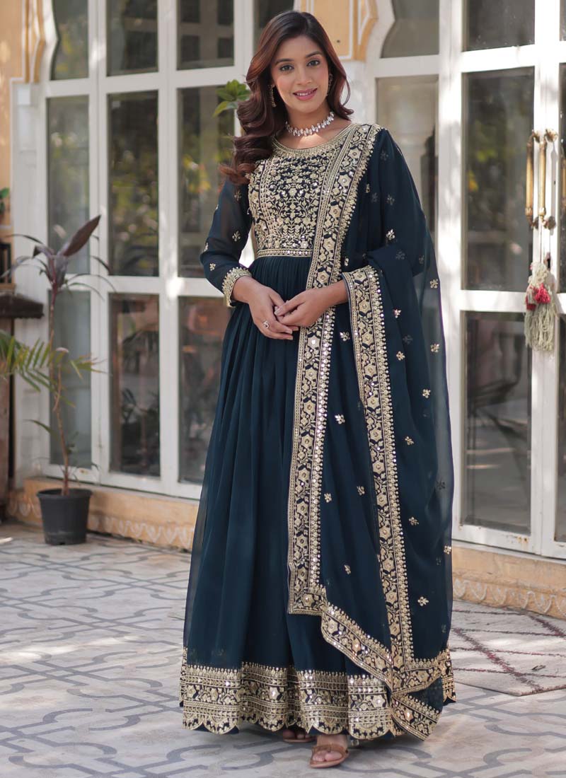 Prazu Fashion Aqua Blue Georgette Embroidered Sequence Gown With Dupatta | Grocsy