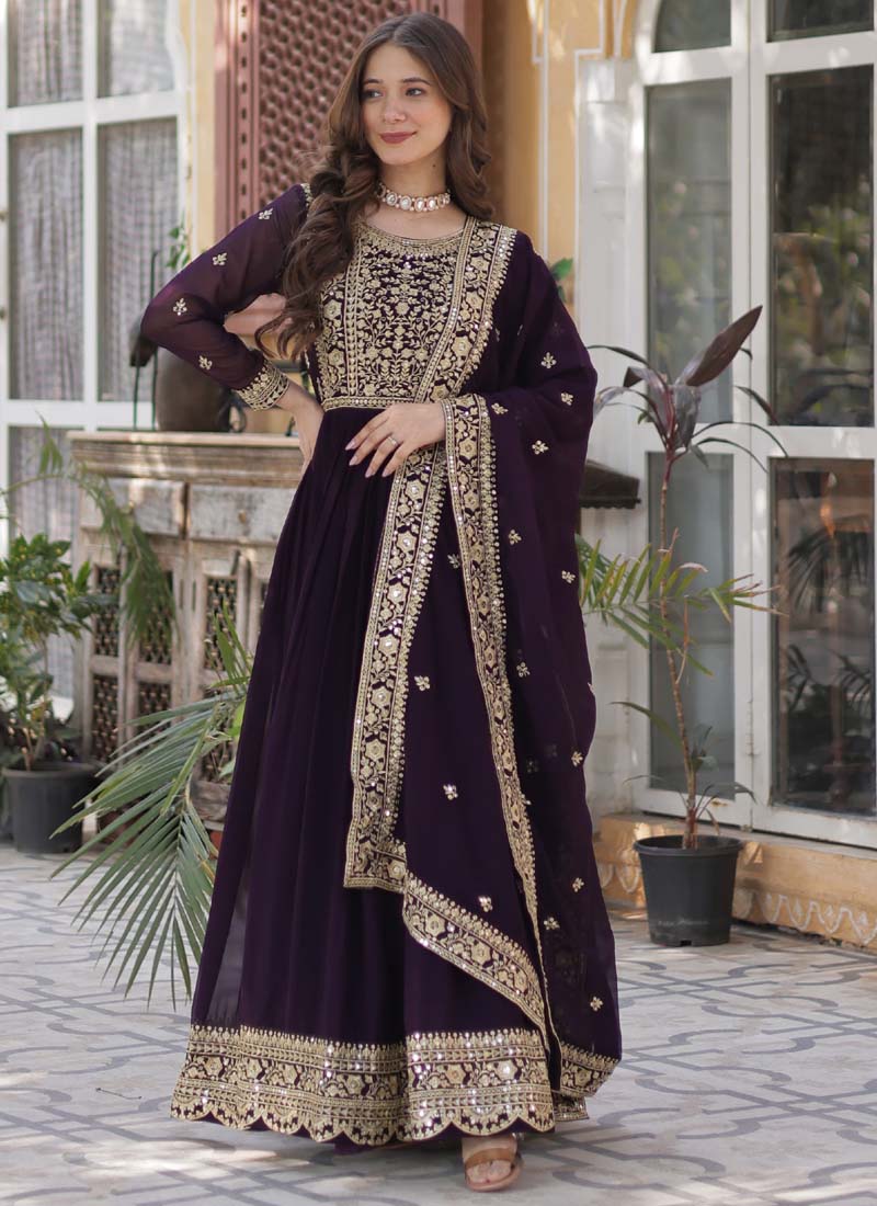 Prazu Fashion Wine Georgette Embroidered Sequence Gown With Dupatta | Grocsy