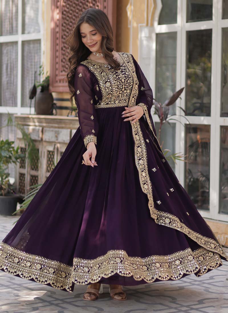Prazu Fashion Wine Georgette Embroidered Sequence Gown With Dupatta | Grocsy