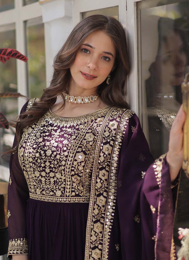 Prazu Fashion Wine Georgette Embroidered Sequence Gown With Dupatta | Grocsy