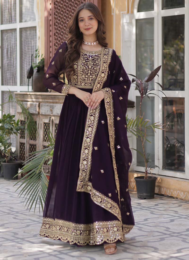 Prazu Fashion Wine Georgette Embroidered Sequence Gown With Dupatta | Grocsy