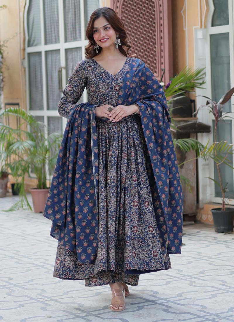 Prazu Fashion Blue Pure Cotton Designer Salwar Suit | Grocsy